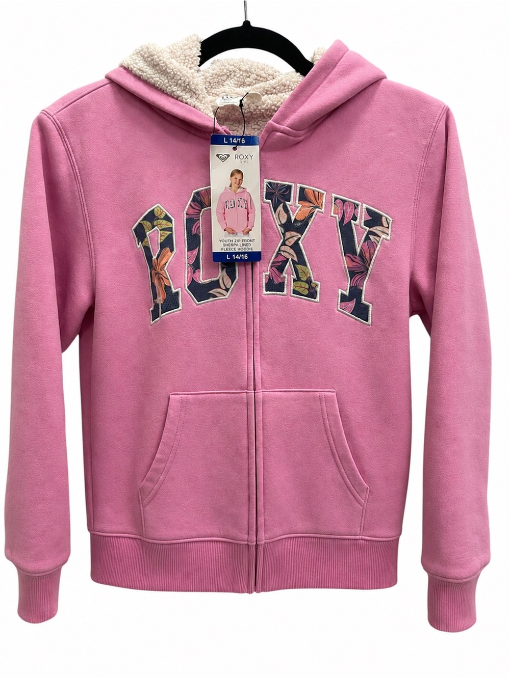 NWT Roxy Girl Pink Sherpa Lined Full Zip Floral Logo Hoodie Jacket L 14/16